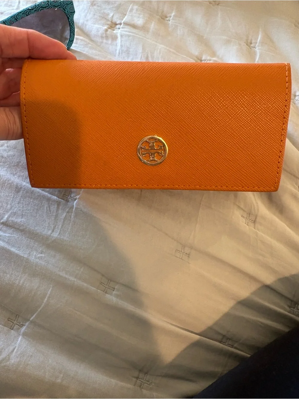 Tory Burch sunglasses with Orange Saffiano Continental case with Gold Emblem